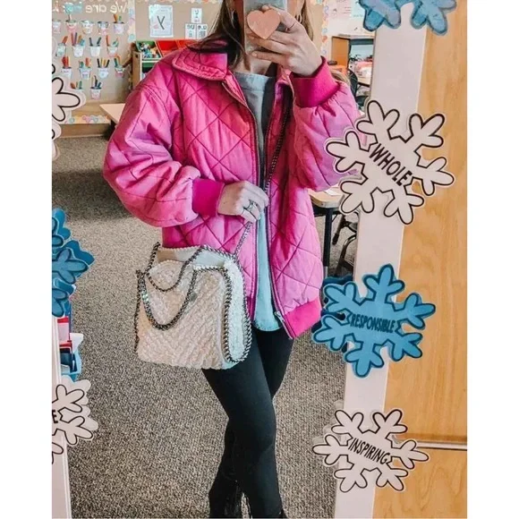 Women’s Woven quilted bomber jacket color vibrant pink NWT - Picture 4 of 11